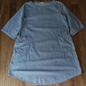 EILEEN FISHER Light Wash Denim 3/4 Sleeve Pocket Org Cotton Jean Dress Small